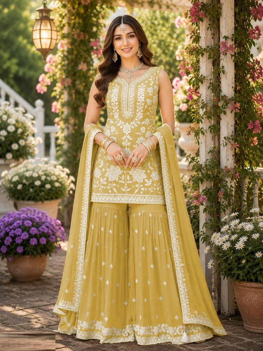 Radiant Light Yellow Premium Chiffon Gharara Bottom Suit Set
