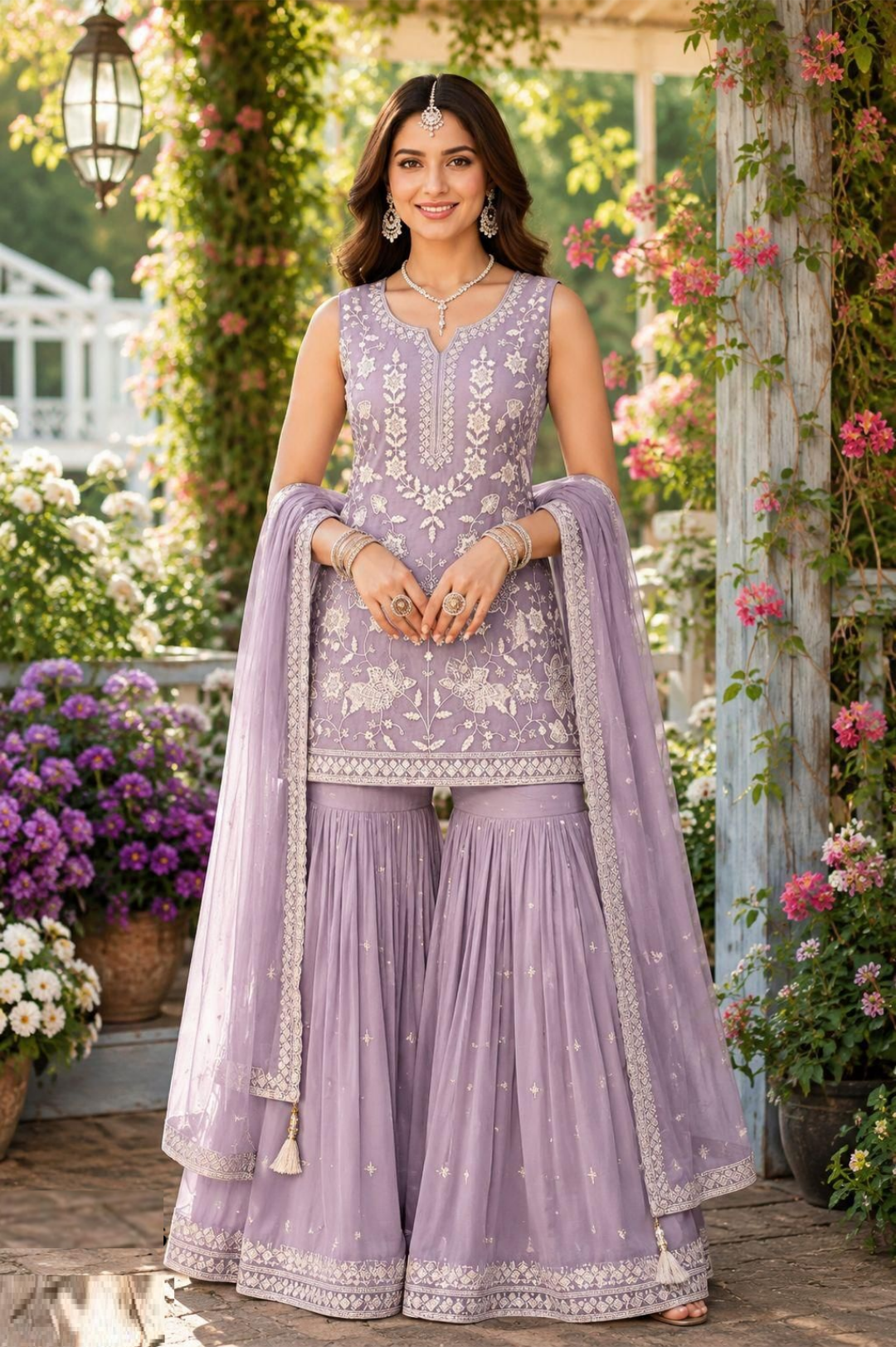 Breathtaking Lilac Premium Chiffon Gharara Bottom Suit Set