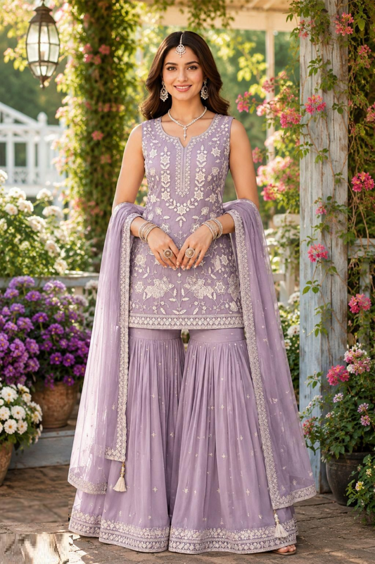 Breathtaking Lilac Premium Chiffon Gharara Bottom Suit Set