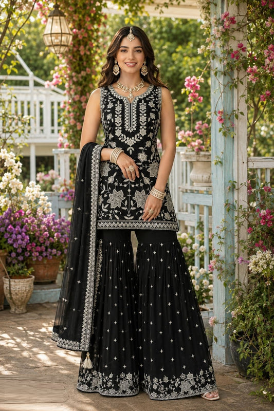 Gleaming Black Premium Chiffon Gharara Bottom Suit Set