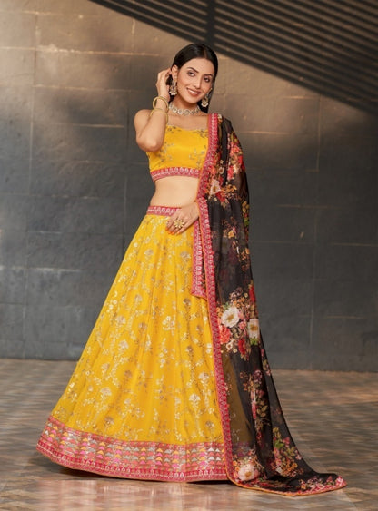 Elegant Yellow Georgette Glittering Shining Lehengas