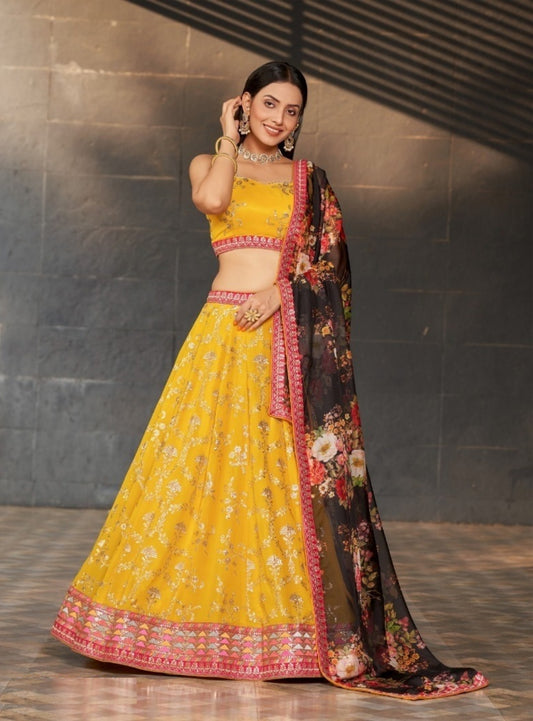 Elegant Yellow Georgette Glittering Shining Lehengas