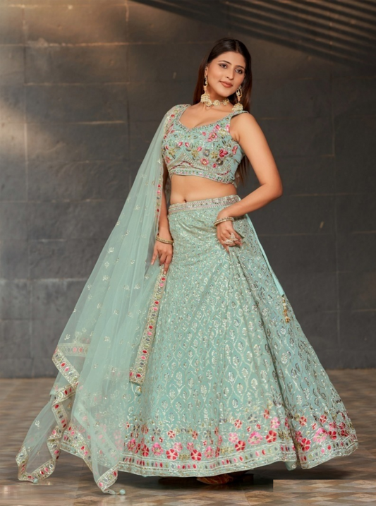 Timeless Sky Blue Georgette Glittering Shining Lehengas