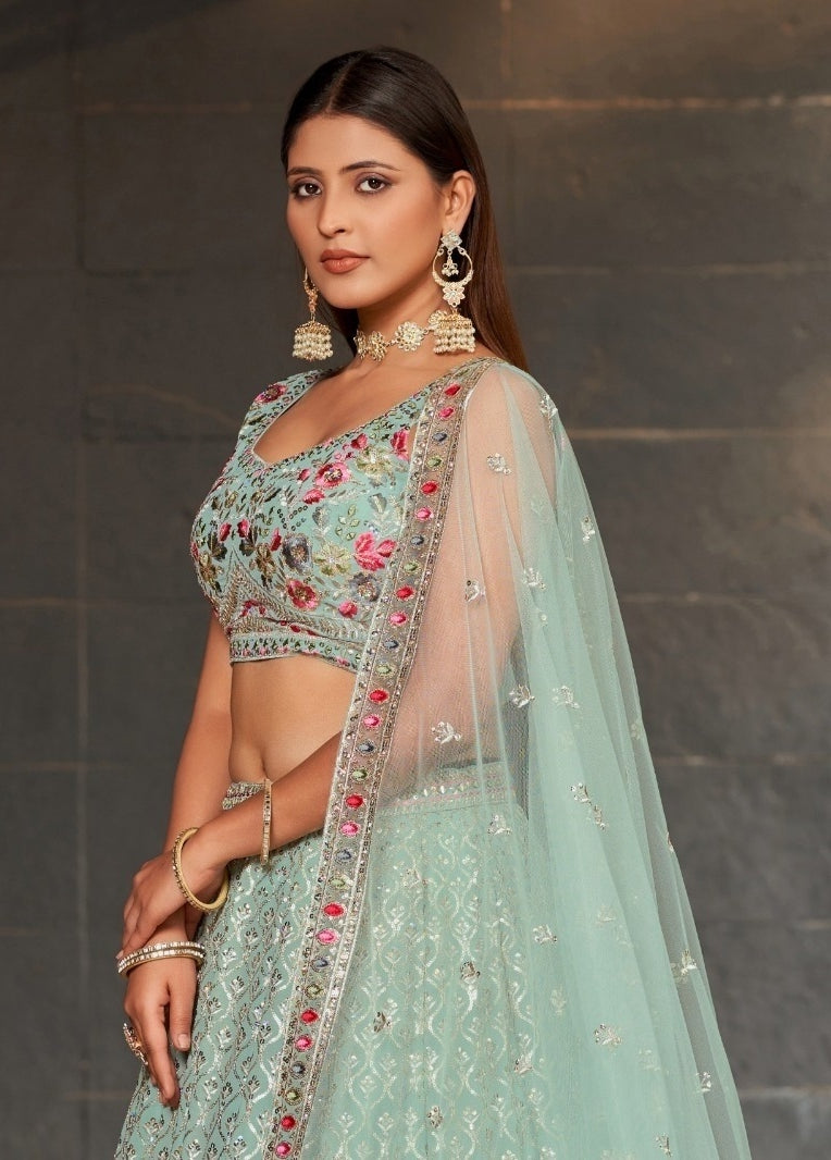 Timeless Sky Blue Georgette Glittering Shining Lehengas