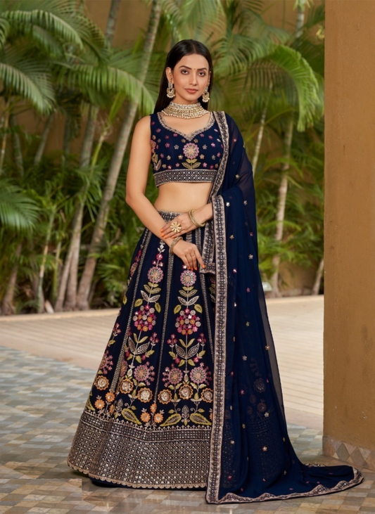 Sophisticated Navy Blue Georgette Glittering Shining Lehengas