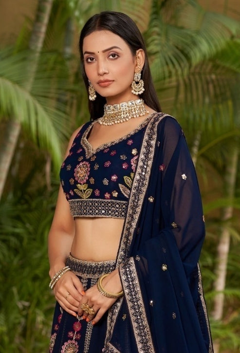 Sophisticated Navy Blue Georgette Glittering Shining Lehengas