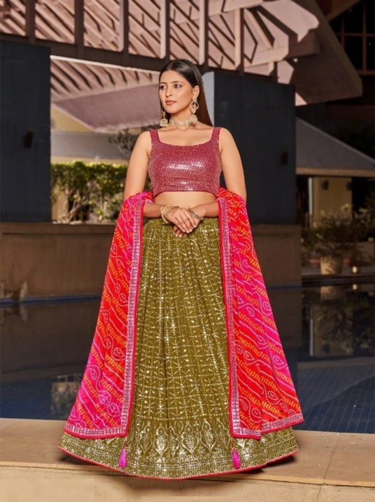 Luxurious mehndi Green And Pink Georgette Glittering Shining Lehengas