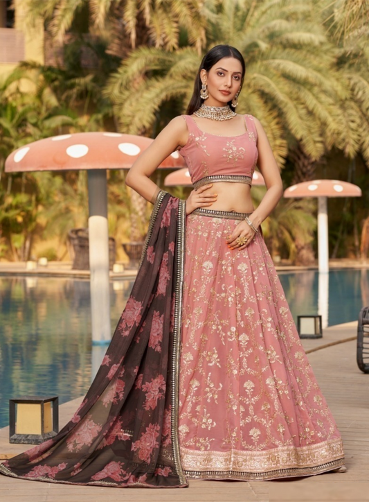 Refined Dusty Pink Georgette Glittering Shining Lehengas