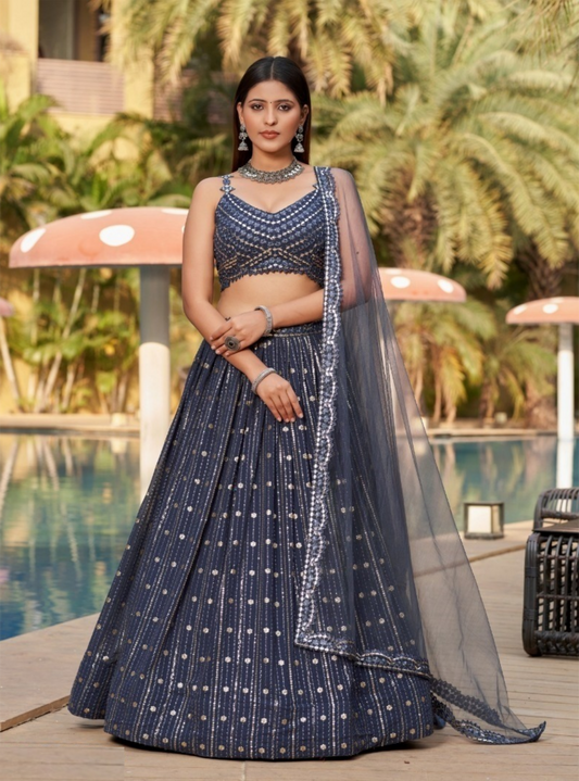 Tailored Dark Grey Georgette Glittering Shining Lehengas