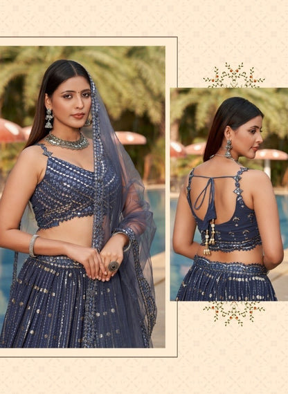 Tailored Dark Grey Georgette Glittering Shining Lehengas