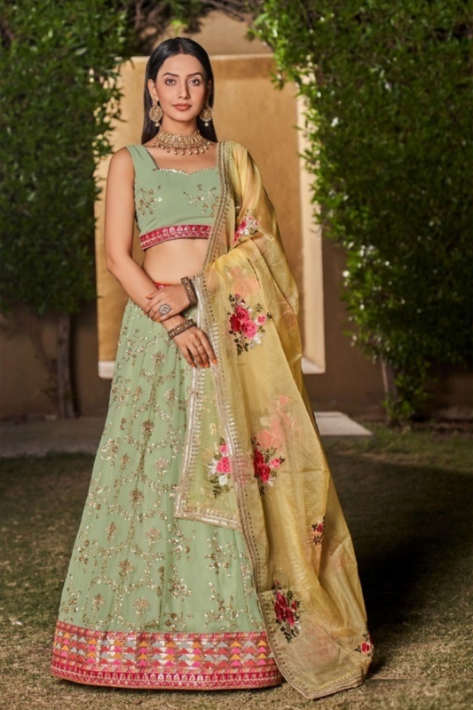 Polished Light Green Georgette Glittering Shining Lehengas