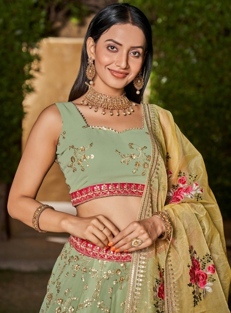 Polished Light Green Georgette Glittering Shining Lehengas