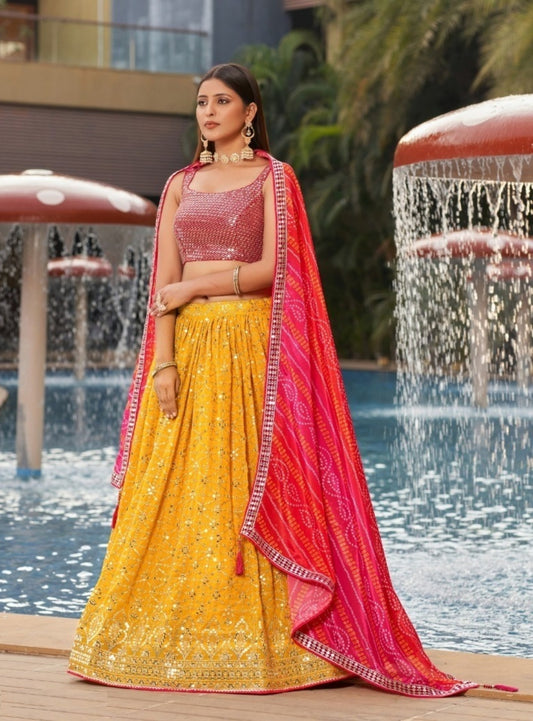 Opulent Mustard And Pink Georgette Glittering Shining Lehengas