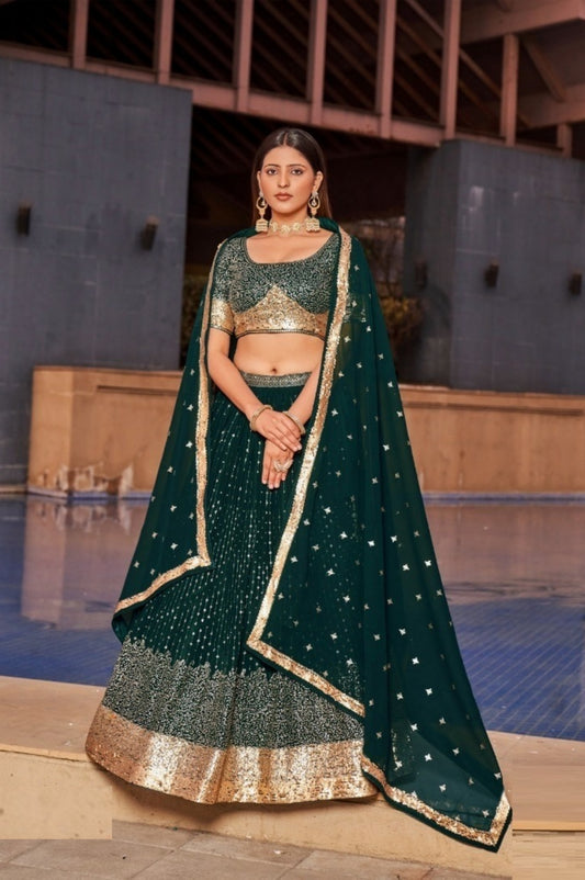 Trendy Dark Green Georgette Glittering Shining Lehengas