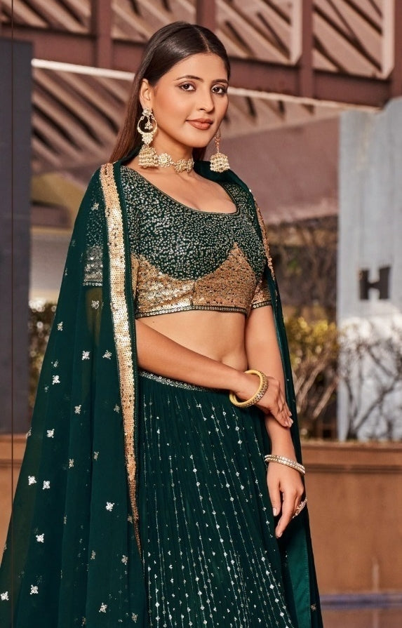 Trendy Dark Green Georgette Glittering Shining Lehengas