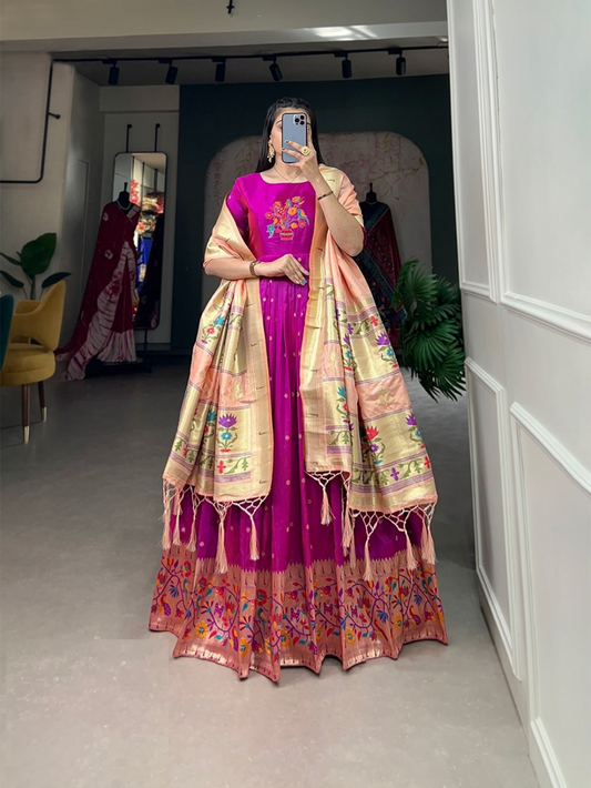 Understated Purple acquard Silk Gown With Dupatta