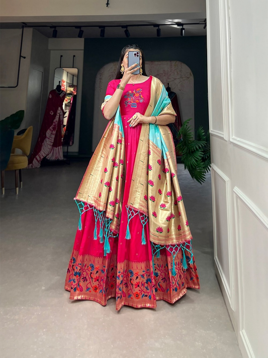 Alluring Pink acquard Silk Gown With Dupatta