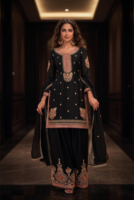 Exquisite Black Chinon Farshi Salwar Set