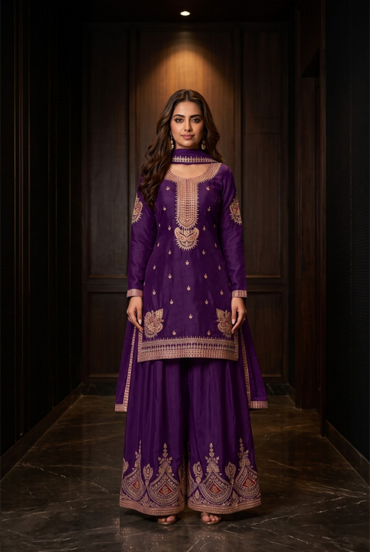 Vibrant Purple Chinon Farshi Salwar Set