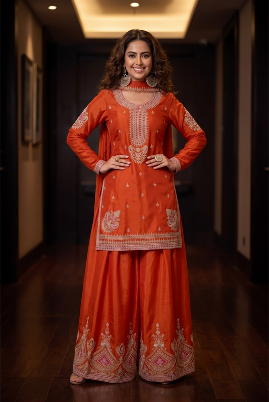 Contemporary Rust Chinon Farshi Salwar Set