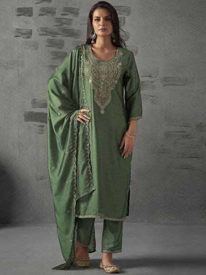 Stunnig Green Vichitra Silk With Sequins Coding Embroidery Work Pant Bottom Suit Set