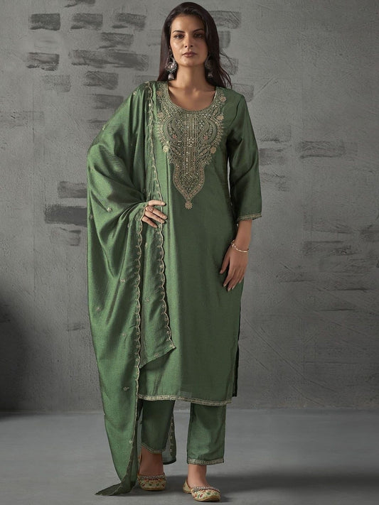 Stunnig Green Vichitra Silk With Sequins Coding Embroidery Work Pant Bottom Suit Set