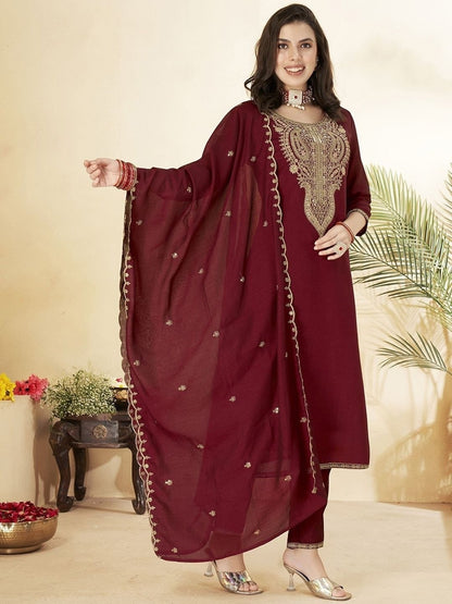 Lovely Maroon Vichitra Silk With Sequins Coding Embroidery Work Pant Bottom Suit Set