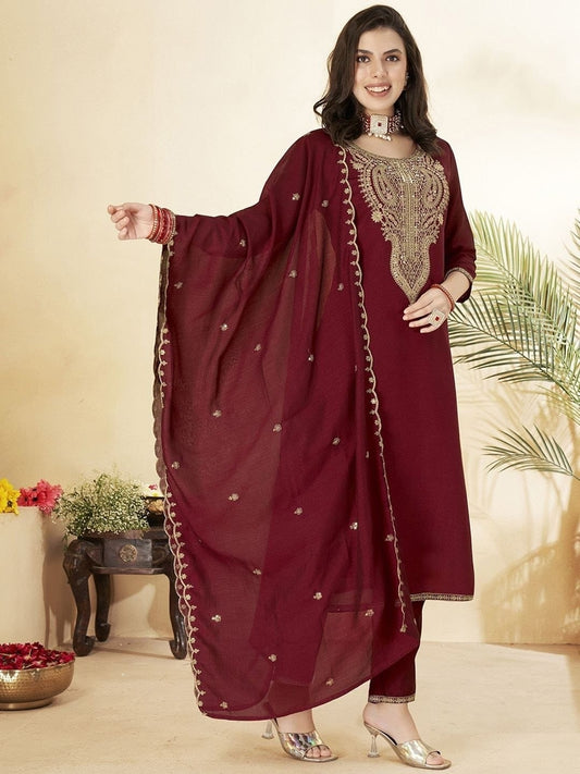 Lovely Maroon Vichitra Silk With Sequins Coding Embroidery Work Pant Bottom Suit Set