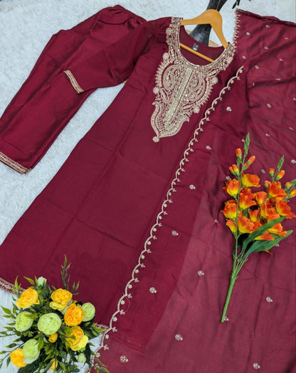 Lovely Maroon Vichitra Silk With Sequins Coding Embroidery Work Pant Bottom Suit Set