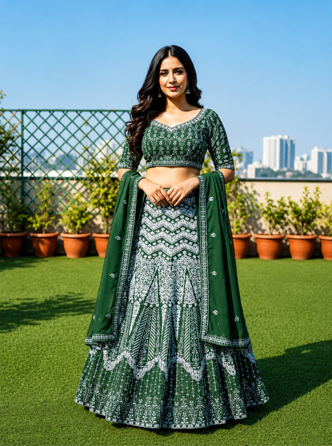 Women Green Georgette Reception Lehenga