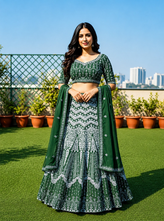 Women Green Georgette Reception Lehenga