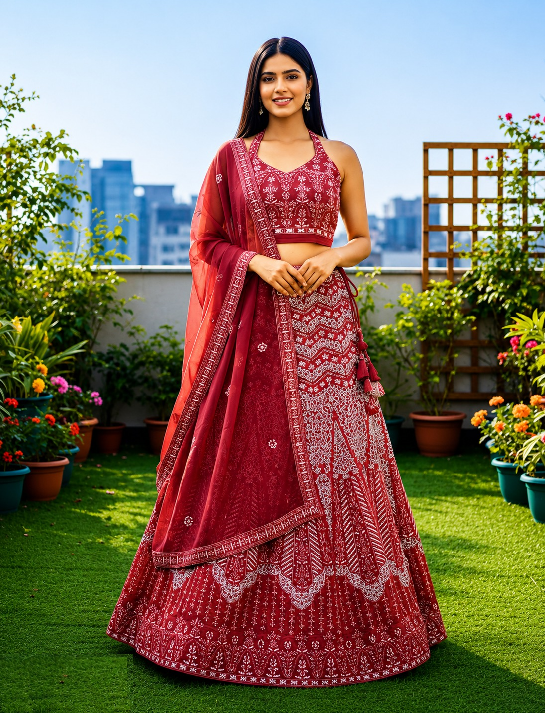 Women Maroon Georgette Reception Lehenga