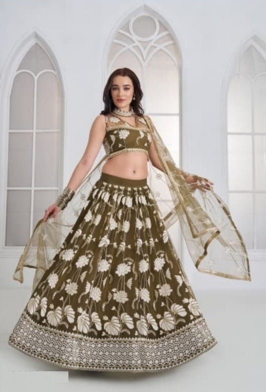 Women Olive Net With Embroidery Work Stylish Lehenga