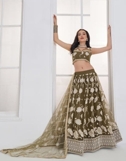 Women Olive Net With Embroidery Work Stylish Lehenga