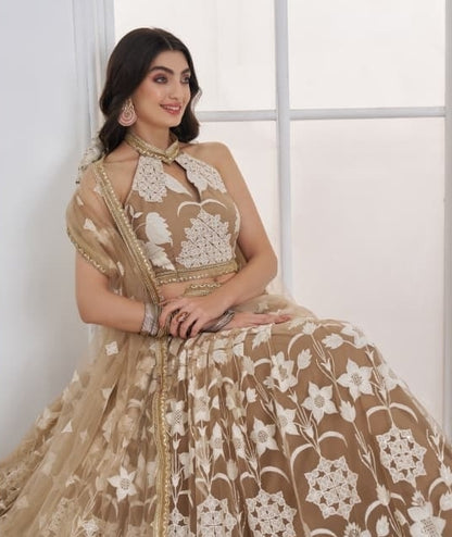 Women Light Brown Net With Embroidery Work Stylish Lehenga