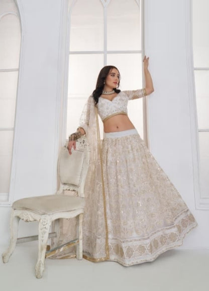Women White Net With Embroidery Work Stylish Lehenga