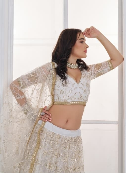 Women White Net With Embroidery Work Stylish Lehenga