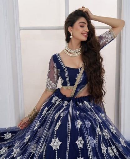 Exquisit Navy Blue Net With Embroidery Work Stylish Lehenga