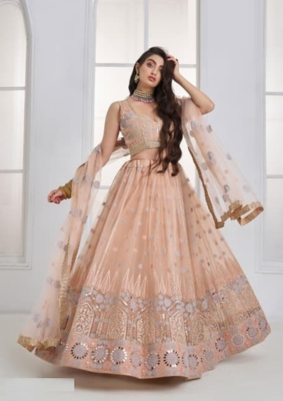 Women Peach Net With Embroidery Work Stylish Lehenga