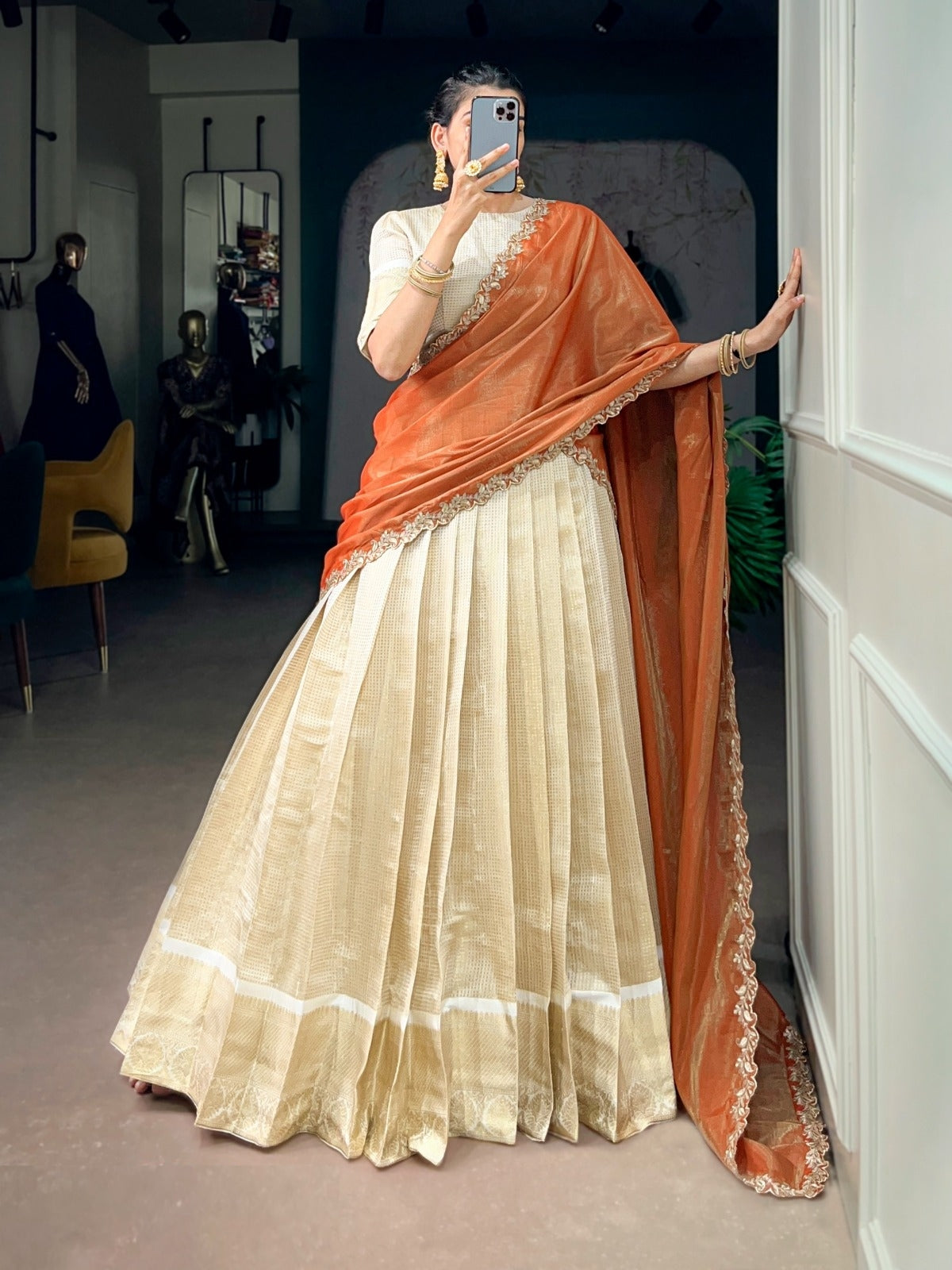 Women Light Beige And Rust Jacquard Traditional Lehenga