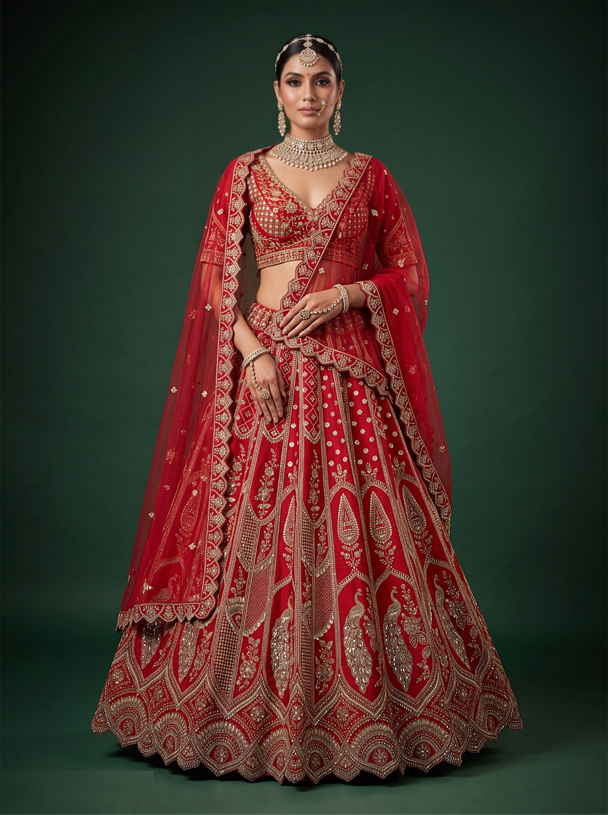 Radiant Red Silk Zari Embroidery Sequins Work Bridal Lehenga