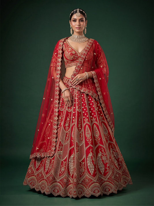 Radiant Red Silk Zari Embroidery Sequins Work Bridal Lehenga
