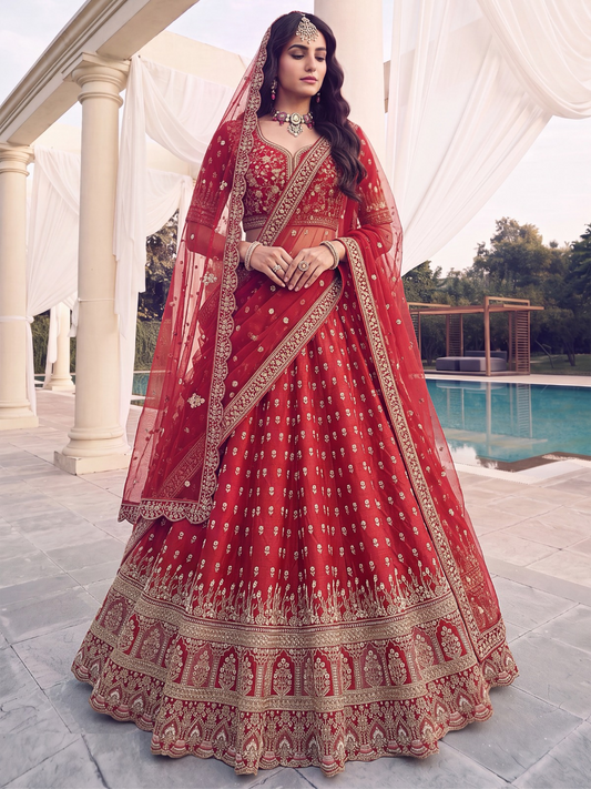 Gleaming Maroon Silk Zari Embroidery Sequins Work Bridal Lehenga