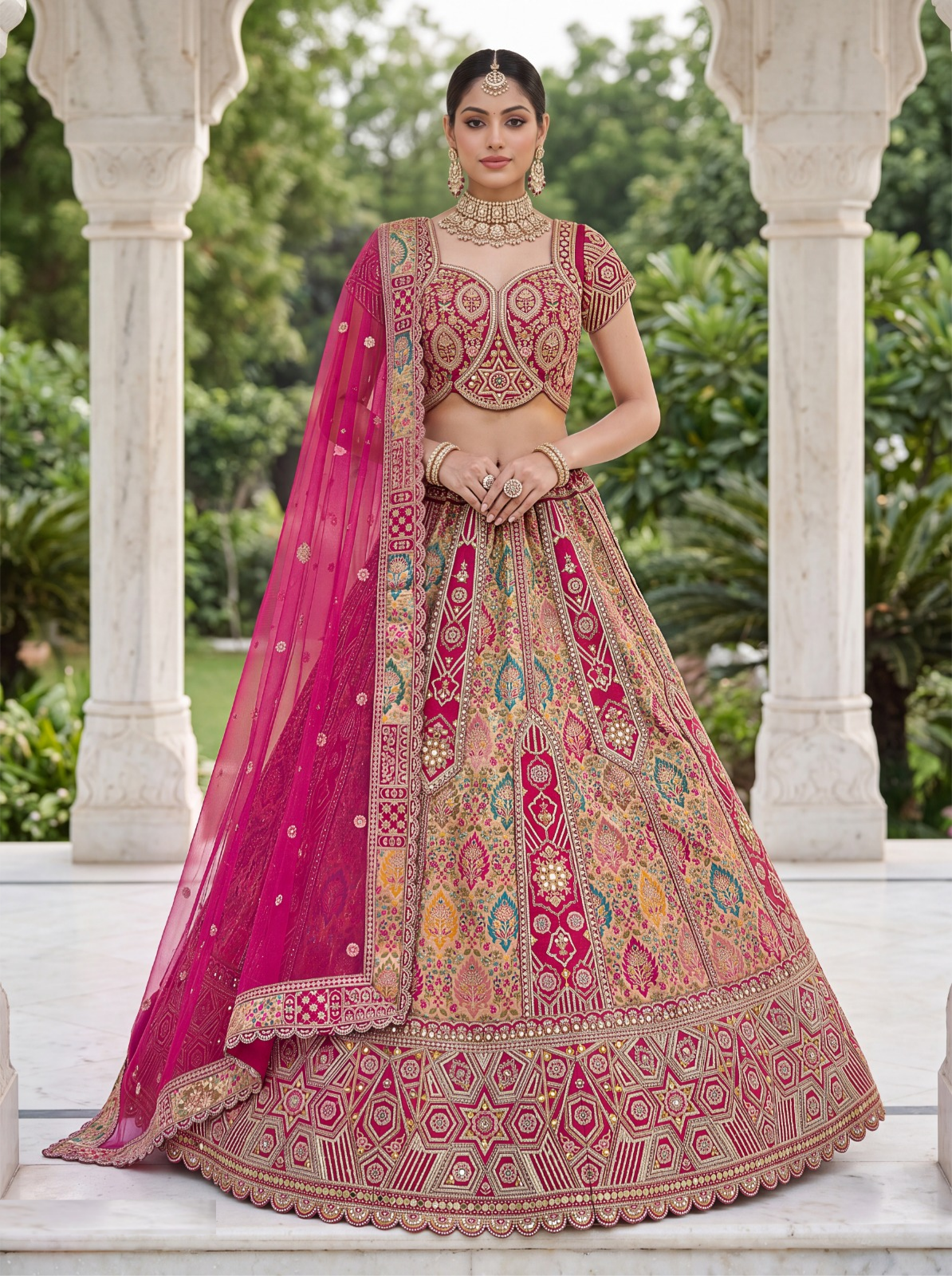 Luxe Multi Pink Silk Zari Embroidery Sequins Work Bridal Lehenga