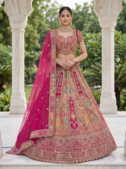 Luxe Multi Pink Silk Zari Embroidery Sequins Work Bridal Lehenga