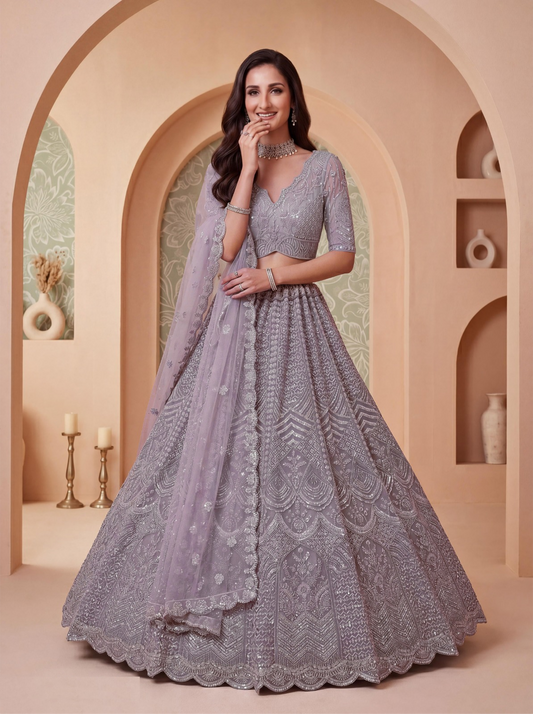 Immaculate Grey Silk Zari Embroidery Sequins Work Bridal Lehenga