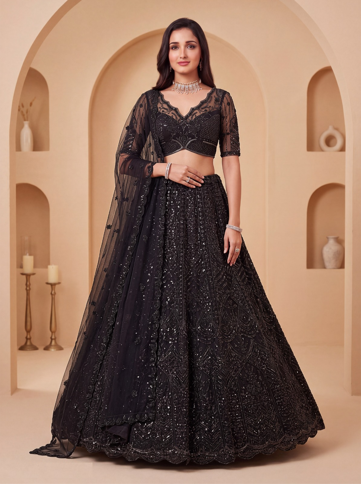 Vivid Black Silk Zari Embroidery Sequins Work Bridal Lehenga