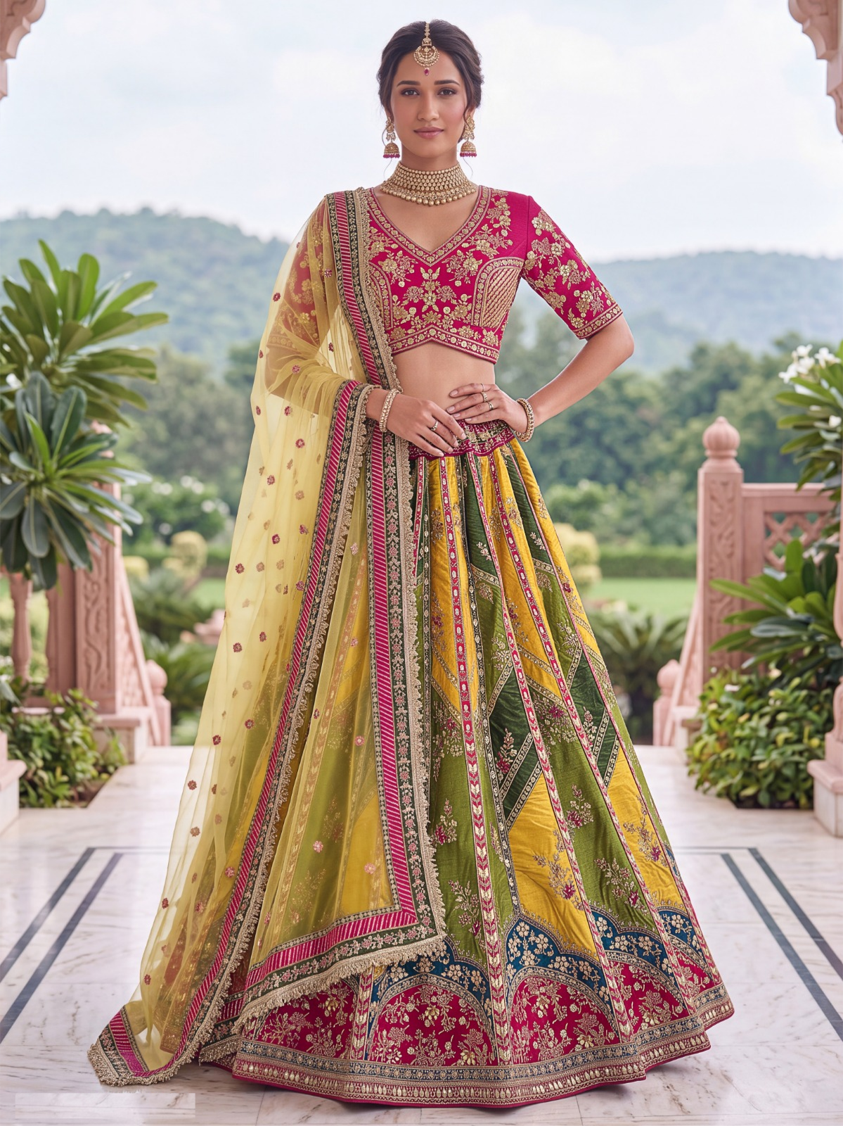 Sculpted Multicolor Silk Zari Embroidery Sequins Work Bridal Lehenga