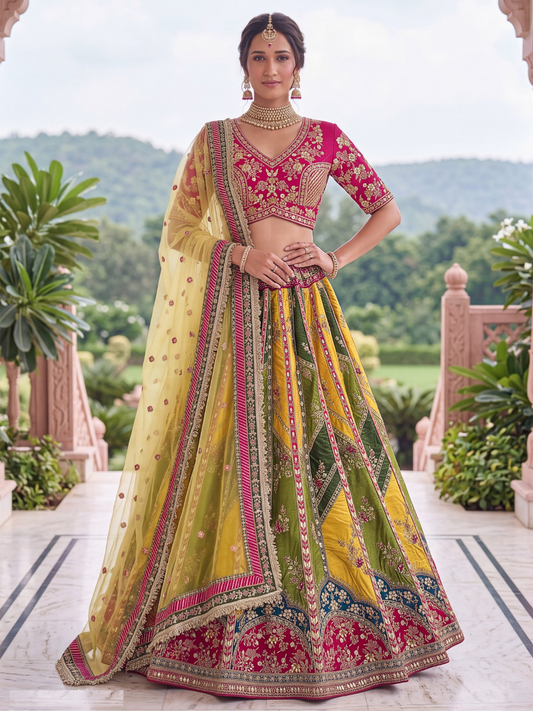 Sculpted Multicolor Silk Zari Embroidery Sequins Work Bridal Lehenga