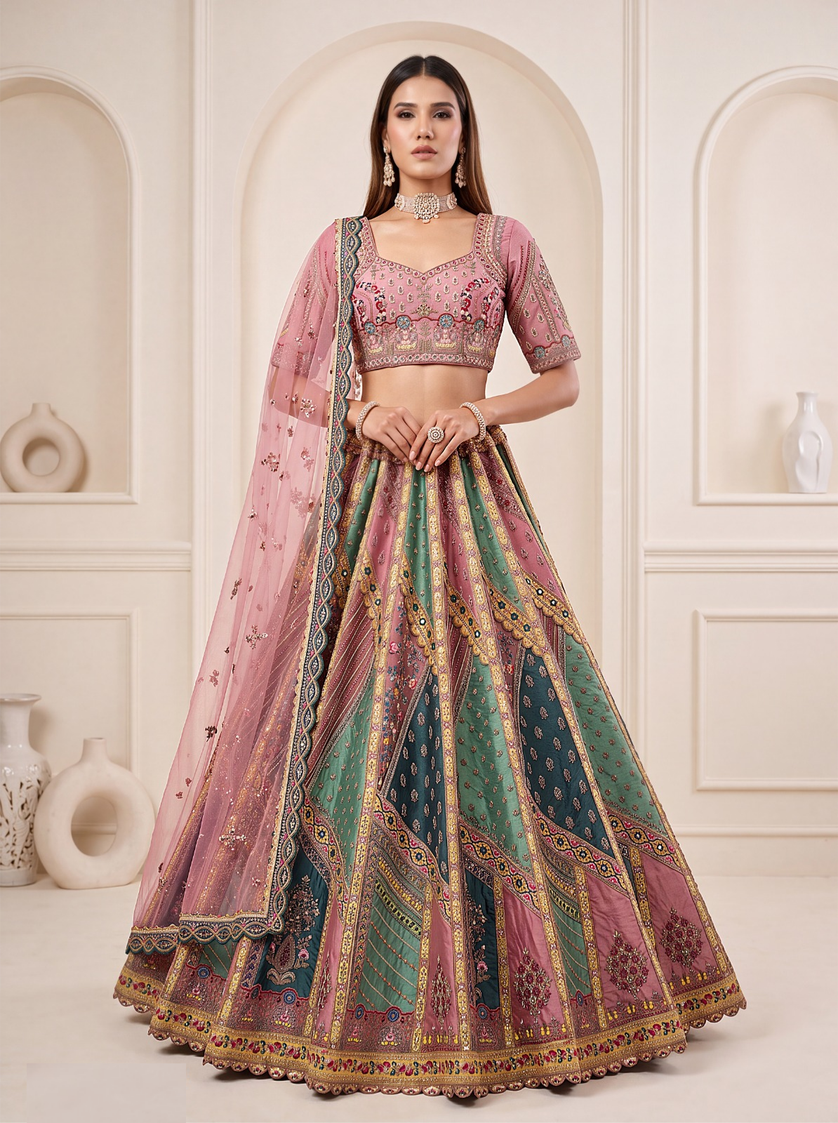 Enchanting Dusty Pink Gadhwal Silk Embroidery Sequins Work Bridal Lehenga